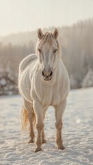A beautiful photo of a white horse on a snowy day.