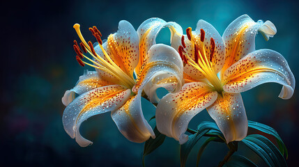 Close-Up of Two White and Orange Tiger Lilies with Water Droplets on Dark Background created with Generative AI Technology, ai, generative