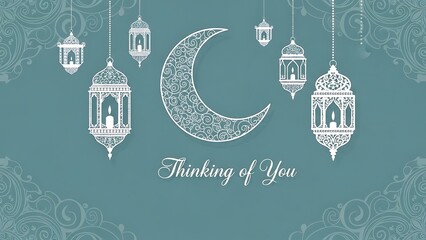 "Thinking of You - Crescent Moon and Hanging Lanterns Greeting Card Stock Illustration"