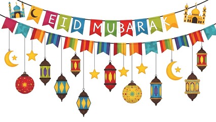 "Eid Mubarak Colorful Bunting with Hanging Lanterns and Crescent Moons - Festive Garland Stock Illustration"