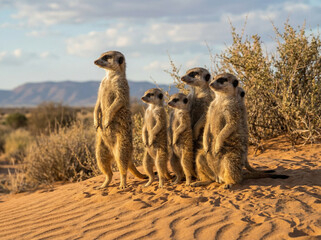 Group of Meerkats Standing Alert in Desert Landscape
