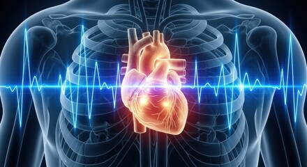 Obraz premium A human body with a heart and a blue light line in the background.