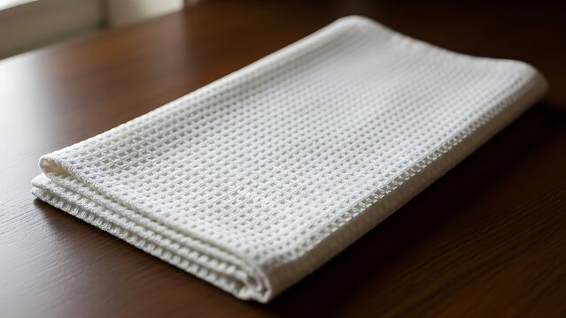 Clean white waffle weave dishcloth neatly folded on polished wooden surface