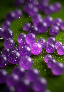 Iridescent spheroids on a verdant plane shimmering with ethereal particles