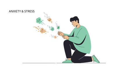Illustration depicting anxiety and stress and a person trying to cope with the feelings
