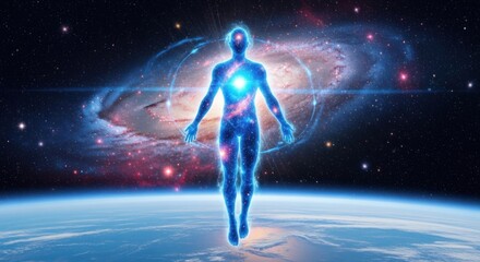 Obraz premium A human figure with a glowing blue aura and a glowing blue light in the center, standing on a planet with a galaxy in the background.
