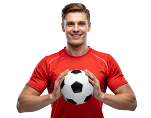 Confident Soccer Player in Red Jersey Holding Ball to Chest, Straight Front Pose, Transparent PNG