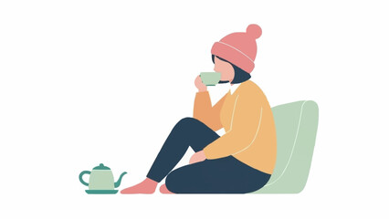 Woman in winter hat drinking tea from a cup.