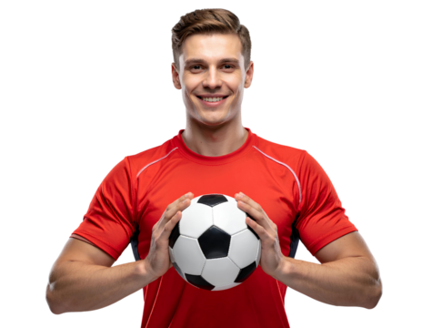 Confident Soccer Player in Red Jersey Holding Ball to Chest, Straight Front Pose, Transparent PNG - Powered by Adobe
