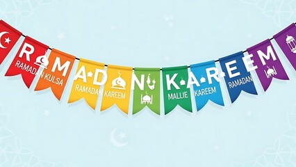 "Ramadan Kareem Rainbow Bunting Flags - Colorful Festive Garland with Arabic Calligraphy Stock Illustration"