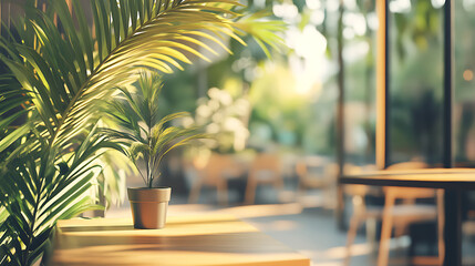 Fototapeta premium Serene indoor plant in a sunlit room with blurred background, evoking a tranquil atmosphere