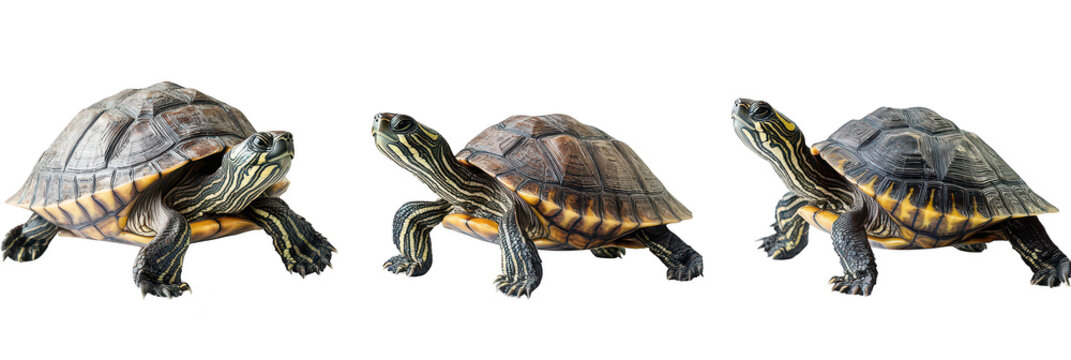 A series of three turtles their unique postures and shell patterns against a clean white background. highlighting their natural beauty and potential for educational or wildlife-related uses