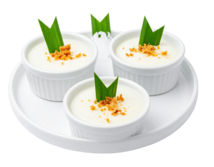 Creamy Dessert Trio with Pandan Leaves and Crunchy Crumble Garnishes

