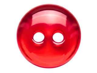 Single shiny red round plastic button for sewing and crafts on a transparent background