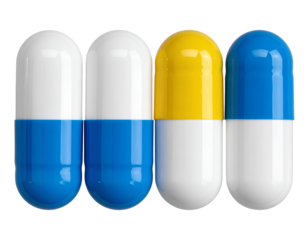 Neatly Aligned Colorful Capsules in Row, Minimalist 3D Medicine Concept, PNG Isolated.
