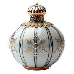 Limited-edition matte pearl white holiday ornament with gold detailing isolated on white background