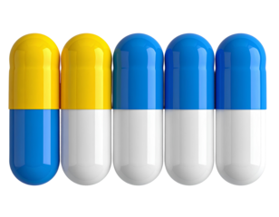 Neatly Aligned Colorful Capsules in Row, Minimalist 3D Medicine Concept, PNG Isolated.