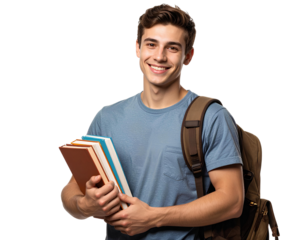 School Boy Holding Books in One Hand and Backpack On, Happy Professional PNG Cutout.
