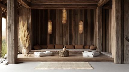 Serene wooden room with floor cushions and hanging lanterns creating a tranquil atmosphere