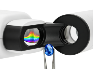 Gemstone analysis with spectroscope showing absorption spectrum on a transparent background