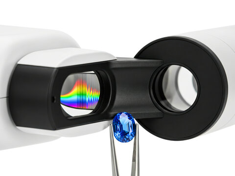 Gemstone analysis with spectroscope showing absorption spectrum on a transparent background
