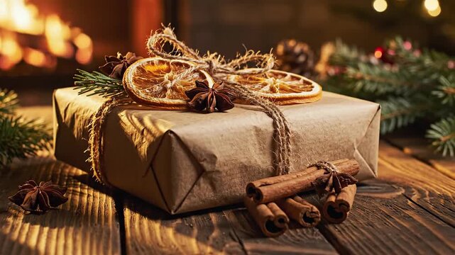 Wrapped Gift Box with Dried Orange Slices and Cinnamon Sticks on Rustic Wood