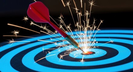 A red dart with sparks hitting a blue target with a black center.