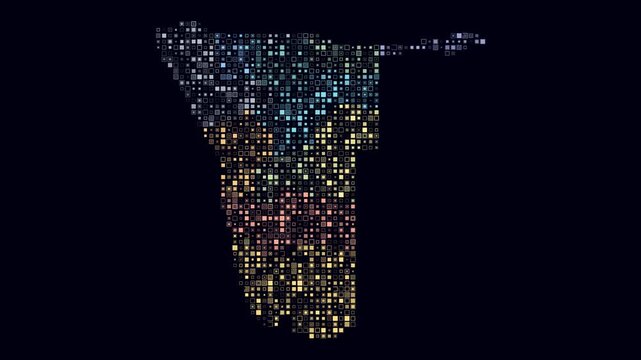 Namibia animated country shape. Pulsating colored dots on the map of the country. Small size square blocks. Digital style Namibia map on dark background. Simple animation video.