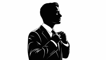 Silhouette of a businessman adjusting his tie in a sharp suit.