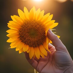Radiant sunflower held in hand, illuminated by warm sunset glow, close-up