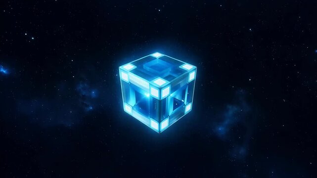 An abstract, glowing blue wireframe cube or hypercube structure floating in deep space against a dark, starry nebula background, symbolizing technology, data, blockchain, artificial intelligence, and 