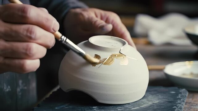 Artisan hands repairing a white ceramic bowl with gold lacquer in a detailed close-up, showcasing traditional Kintsugi craftsmanship and wabi-sabi restoration concepts