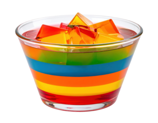 Colorful layered gelatin dessert with vibrant rainbow stripes and geometric shapes.