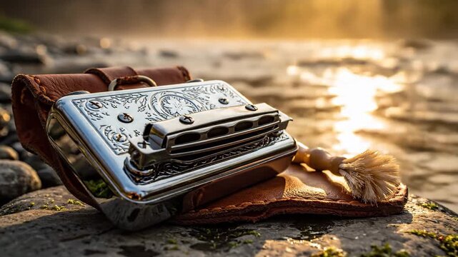 A Shiny Silver Harmonica Resting Beside a Leather Travel Pouch Outdoors