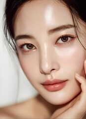 Obraz premium Close up beauty portrait of asian woman with luminous glowing skin and natural makeup in soft studio light