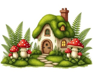 Enchanted Cottage Surrounded by Magic Mushrooms and Ferns