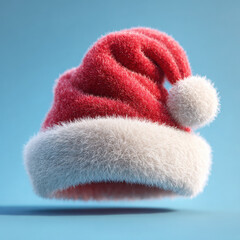 Fluffy red and white Santa hat with soft texture on blue