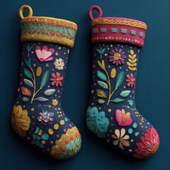Embroidered Christmas stockings with colorful floral design on blue