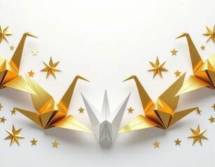 Elegant Origami Cranes with Golden Stars on White Background