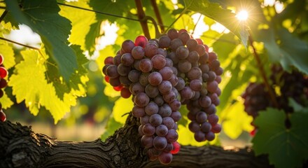 Fototapeta premium Bunch of red grapes on a vine with leaves in the background.