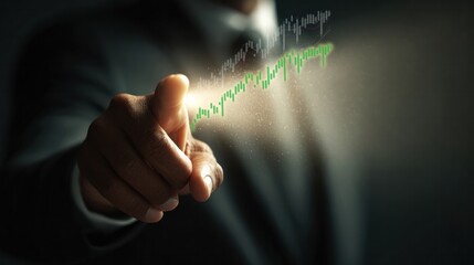 Businessman Hand Pointing at Glowing Digital Stock Market Graph, Financial Growth Concept