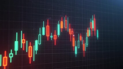Close-up of a stock market graph with red and green candlestick charts on a dark grid background with a cinematic lighting effect conveying a sense of financial analysis and trading - Powered by Adobe