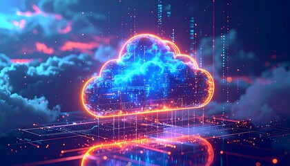 Glowing digital cloud formation, with intricate lines & particles, floating over a reflective surface against a vibrant cloudy backdrop