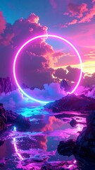 Obraz premium Glowing neon circle reflects in still water over rocky landscape at sunset