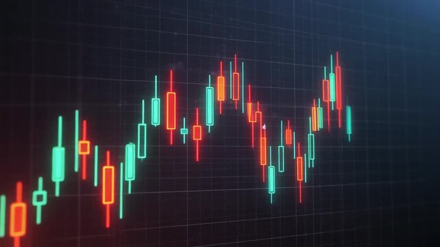 Close-up of a stock market graph with red and green candlestick charts on a dark grid background with a cinematic lighting effect conveying a sense of financial analysis and trading