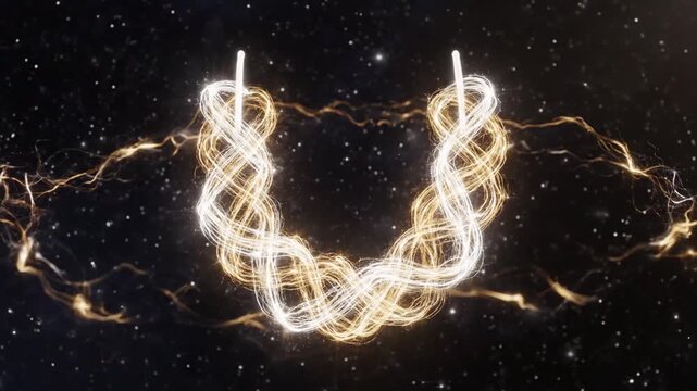 Interwoven cosmic energy forms glowing horseshoe