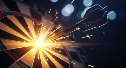 A dart with a fiery tip and a black tail, striking a dartboard with a bright yellow center.