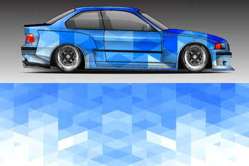 Illustration vector grahic of Car wrap decal with abstract geometry design. Black, Blue, white colour. Livery car editable. Mockup template sticker vinyl for racing, drift, rally, or daily use © ibrahim