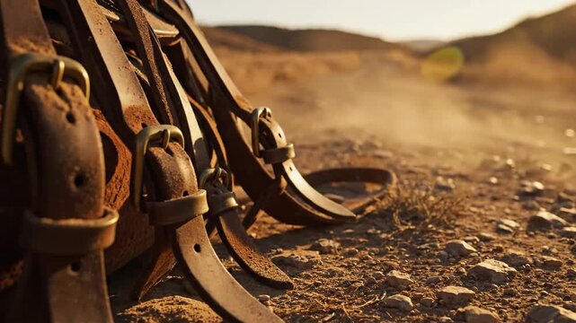 Close-up of Leather Saddle Straps and Buckles on Rough Ground
