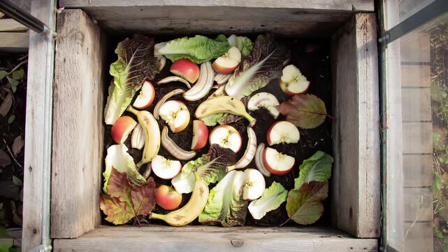 Top-down time-lapse of organic food waste decomposing into compost inside a wooden bin, illustrating sustainable recycling concepts.